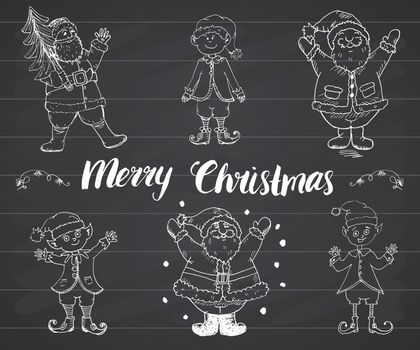 Santa Claus and elfs, gnomes Hand drawn set. Merry Christmas lettering. vector illustration on chalkboard