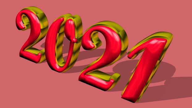 3D pure golden, solid shining text "2021" with pink background. 3D rendered