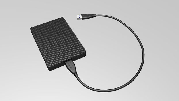 Portable external hard disk drive with USB cable on white background. Pocket size hard drive. 3D rendered illustration