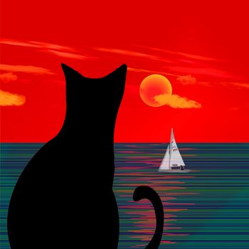 Black cat on ocean sunset. 3D rendering