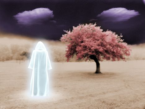 White wizard in unreal landscape. 3D rendering