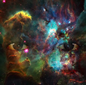 Eyes in space. Colorful nebulae. 3D rendering