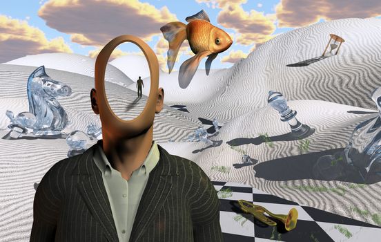 Surreal desert with chess figures, hourglass and trumpet. Faceless man in suit. Figure of man in a distance. Golden fish. 3D rendering