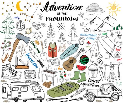 Camping, Hiking Hand Drawn sketch set vector illustration