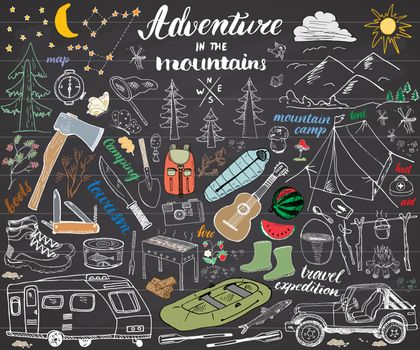 Camping, Hiking Hand Drawn sketch set vector illustration on chalkboard.