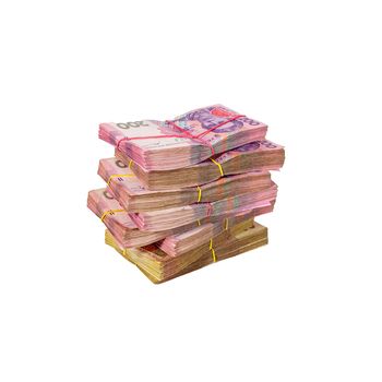 Bundles of money tied with an elastic band. Ukrainian currency hryvnia isolated on a white background.