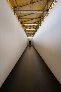 A long corridor at the end of which is a human figure.
