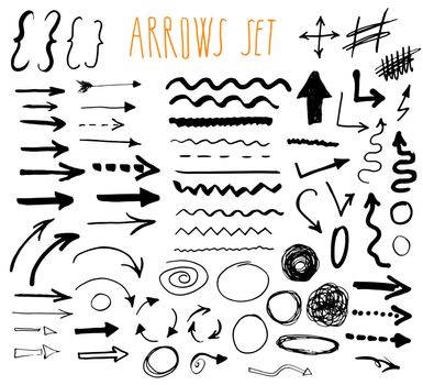 Arrows, dividers and borders, elements hand drawn set vector illustration