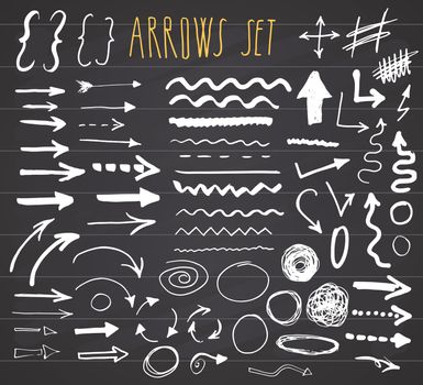 Arrows, dividers and borders, elements hand drawn set vector illustration on chalkboard background