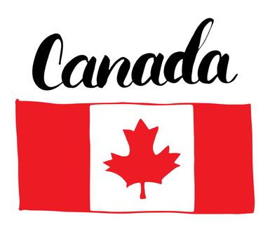 Canada Hand drawn flag, with Maple leaf and calligraphy lettering vector illustration isolated on white background