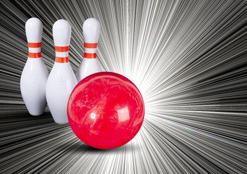 Bowling. Bowling ball and bowling pins on a beautiful white rays background. Place for your inscription. Copy space