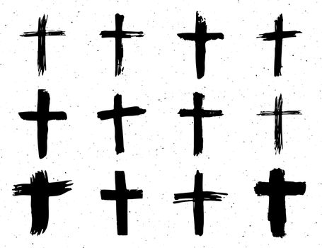Grunge hand drawn cross symbols set. Christian crosses, religious signs icons, crucifix symbol vector illustration isplated on white background