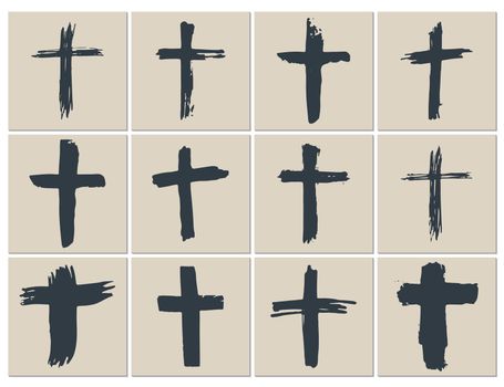 Grunge hand drawn cross symbols set. Christian crosses, religious signs icons, crucifix symbol vector illustration