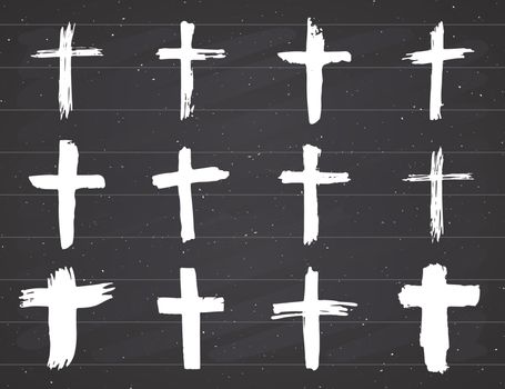 Grunge hand drawn cross symbols set. Christian crosses, religious signs icons, crucifix symbol vector illustration on chalkboard background