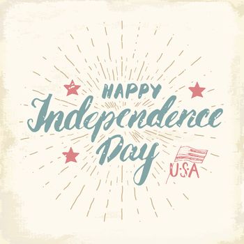 Happy Independence Day Vintage USA greeting card, United States of America celebration. Hand lettering, american holiday grunge textured retro design vector illustration