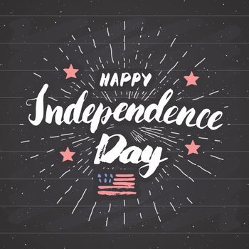 Happy Independence Day Vintage USA greeting card, United States of America celebration. Hand lettering, american holiday grunge textured retro design vector illustration on chalkboard