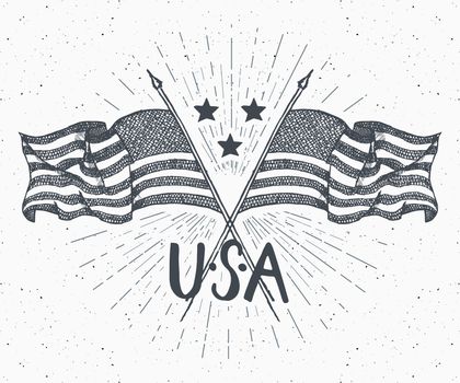 Vintage label, Hand drawn crossed USA flags, Happy Independence Day, fourth of july celebration, greeting card, grunge textured retro badge, typography design vector illustration.