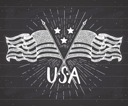 Vintage label, Hand drawn crossed USA flags, Happy Independence Day, fourth of july celebration, greeting card, grunge textured retro badge, typography design vector illustration on chalkboard