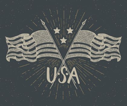 Vintage label, Hand drawn crossed USA flags, Happy Independence Day, fourth of july celebration, greeting card, grunge textured retro badge, typography design vector illustration.