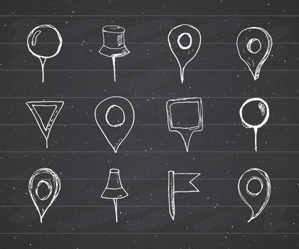 Map pointers hand drawn sketch set, navigation pins doodle vector illustration on chalkboard background.