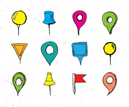 Map pointers hand drawn sketch set, navigation pins doodle vector illustration isolated on white background.