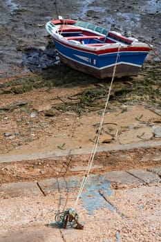 Fishing bay with boats at sea and in the mud and crabs walking in the sand