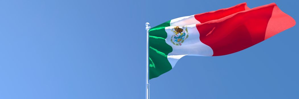 3D rendering of the national flag of Mexico waving in the wind against a blue sky