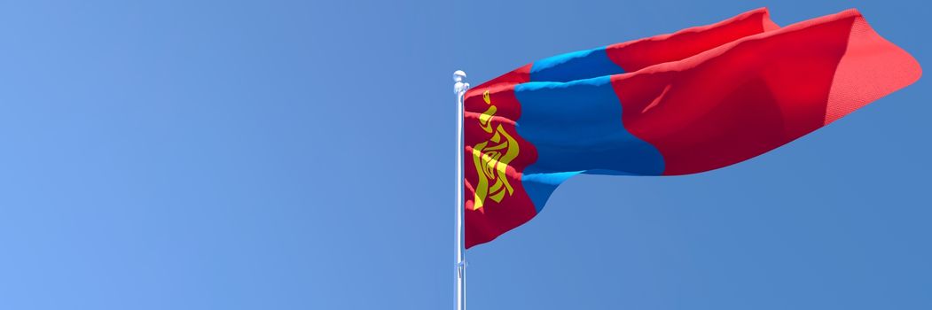 3D rendering of the national flag of Mongolia waving in the wind against a blue sky