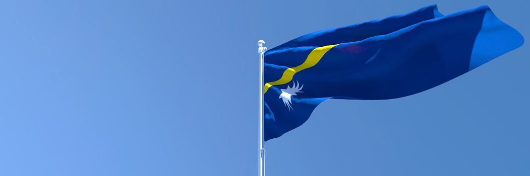 3D rendering of the national flag of Nauru waving in the wind against a blue sky