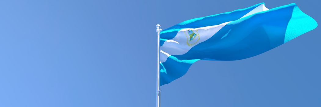 3D rendering of the national flag of Nicaragua waving in the wind against a blue sky