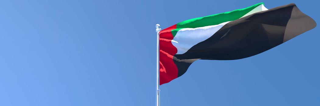 3D rendering of the national flag of UAE waving in the wind against a blue sky