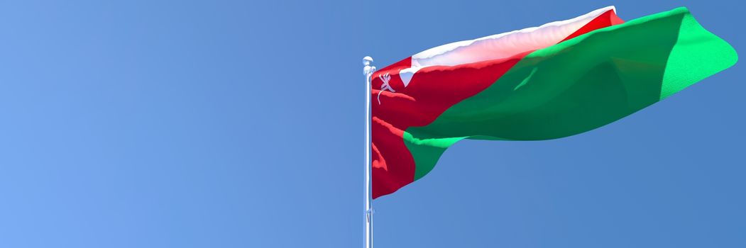 3D rendering of the national flag of Oman waving in the wind against a blue sky