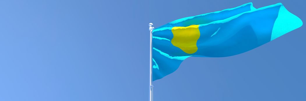 3D rendering of the national flag of Palau waving in the wind against a blue sky