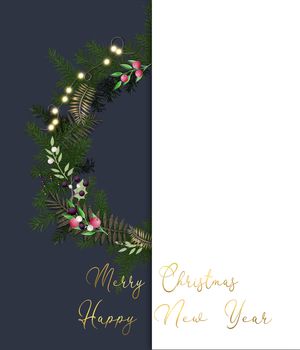 Christmas wreath, garland. Place for text, mockup. Text Merry Christmas Happy New Year. Modern trendy wreath made of green foliage, lights and red berries on white blue background. 3D illustration