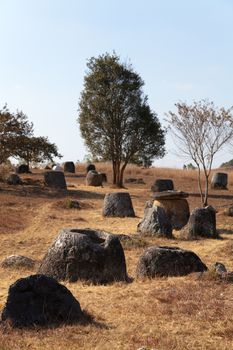 Plain of Jars, Phonsavan, Laos, historic site, the landscape of this area is dotted with hundreds of mysterious stone vessels or jars more than 2000 years old. Also the site of extensive bombing by America in the Vietnam War High quality photo