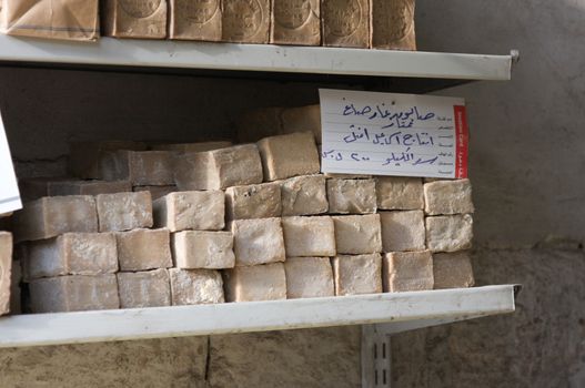 Aleppo Syria 12/04/2009 before the war. A specialty of Aleppo, a traditional handmade hard soap made from olive oil and lye . High quality photo