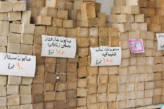 Aleppo Syria 12/04/2009 before the war. A specialty of Aleppo, a traditional handmade hard soap made from olive oil and lye . High quality photo