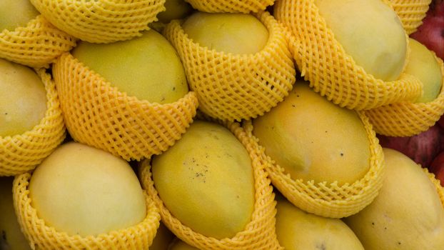 Delicious fresh ripe yellow mango individually wrapped on the market