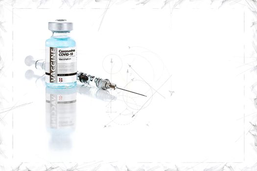 Artistic Rendering Sketch of Coronavirus COVID-19 Vaccine Vial and Syringe On Reflective Surface.