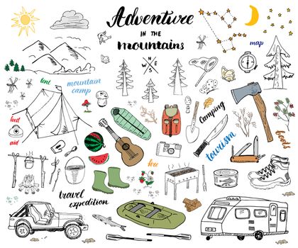 Camping, Hiking Hand Drawn sketch doodle set vector illustration with mountains, tent, raft, grill and campfire, axe and knife, pine trees tourist food, trekking shoes and rubber boots. isolated.