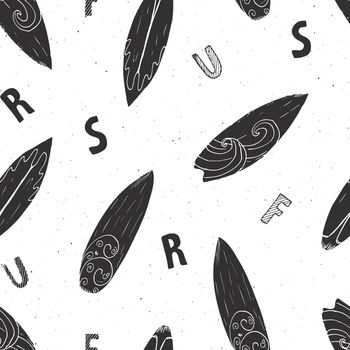 Surf boards seamless pattern hand drawn sketch background, typography design, monochrome vector illustration.