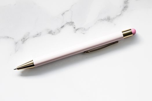 White pen on marble background, luxury stationery and business branding