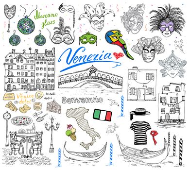 Venice Italy sketch elements. Hand drawn set with flag, map, gondolas gondolier clouth , houses, pizza, traditional sweets, carnival venetian masks, market bridge. Drawing doodle collection isolated.