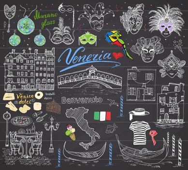 Venice Italy sketch elements. Hand drawn set with flag, map, gondolas gondolier clothe, houses, pizza, traditional sweets, carnival venetian masks, market bridge. Drawing doodles on chalkboard.