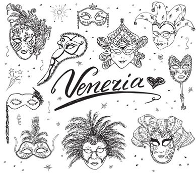 Venice Italy sketch carnival venetian masks Hand drawn set. Drawing doodle collection isolated.