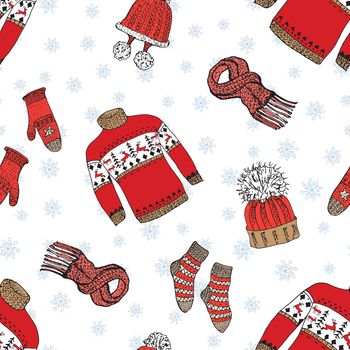 Winter season doodle clothes seamless pattern. Hand drawn sketch elements warm raindeer sweater socks, gloves and hats. vector background illustration