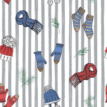 Winter season doodle clothes seamless pattern. Hand drawn sketch elements warm socks, gloves and hats. striped vector background illustration