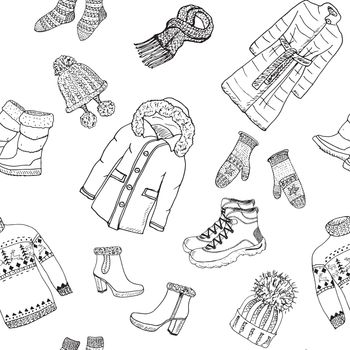 Winter season doodle clothes seamless pattern. Hand drawn sketch elements warm reindeer sweater, coat, boots, socks, gloves and hats. vector background illustration