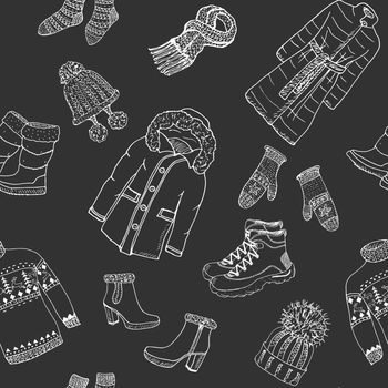 Winter season doodle clothes seamless pattern. Hand drawn sketch elements warm raindeer sweater, coat, boots, socks, gloves and hats. vector background illustration