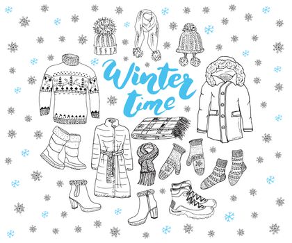 Winter season set doodle elements. Hand drawn sketch collection with boots, clothes, warm blanket, socks, gloves and hats. Lettering winter time. vector illustration
